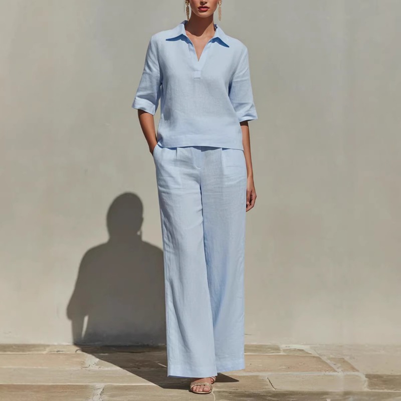 Linen Pant Wide - Women Minimalist Vacation Two Piece Set
