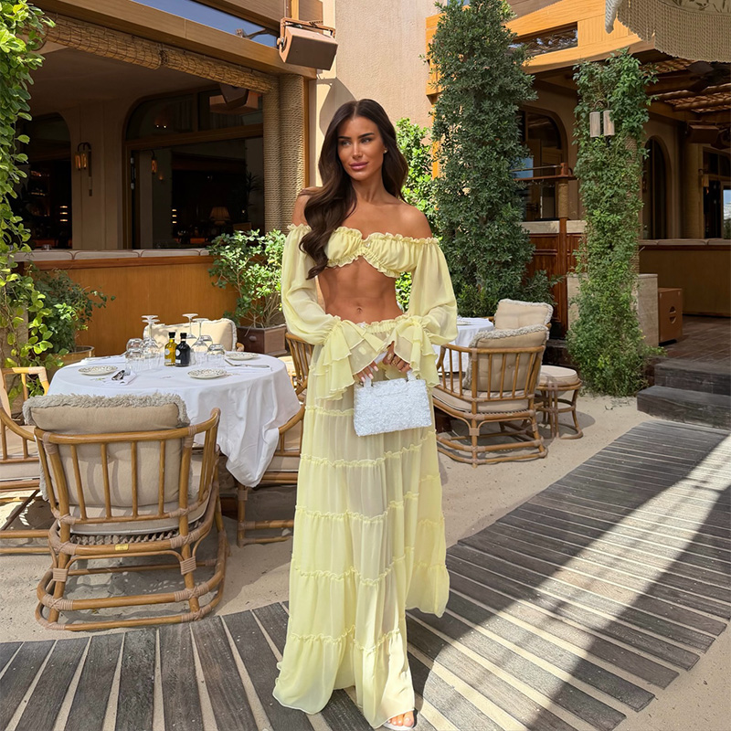 Vacation Chic Yellow Maxi Skir - Blouse Off Shoulder 评论和价格