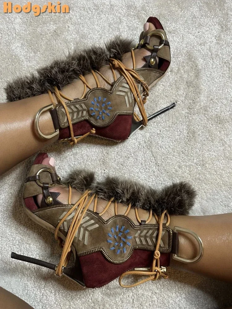 Patchwork Suede Faux Fur Decor - Sandal Strappy Heeled 评论和价格