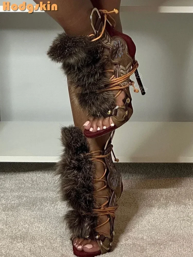 Patchwork Suede Faux Fur Decor - Sandal Strappy Heeled 评论和价格