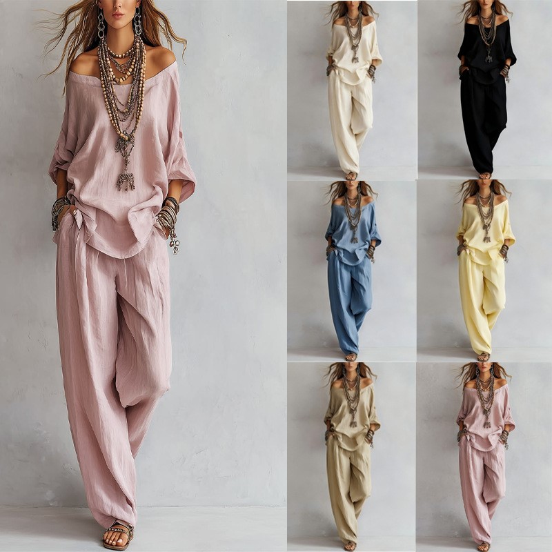 Women's Two-piece Three-quarte - Linen Pant Wide 评论和价格