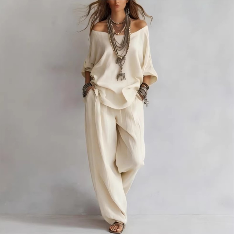 Women's Two-piece Three-quarte - Linen Pant Wide 评论和价格