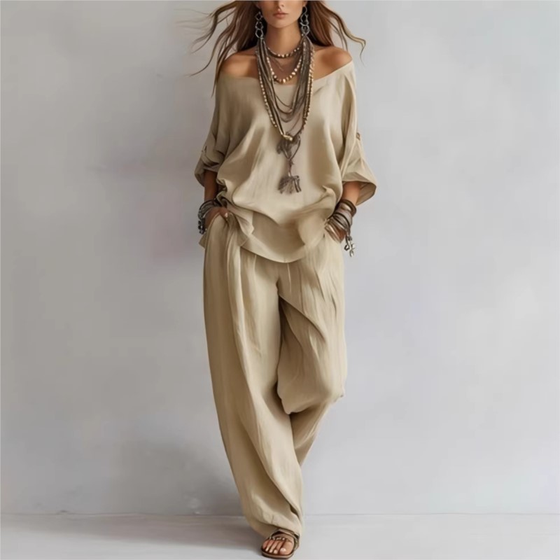 Women's Two-piece Three-quarte - Linen Pant Wide 评论和价格