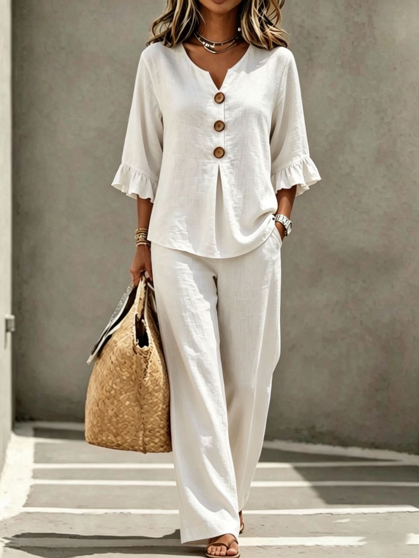 Women 2 Piece Linen Set V Neck - Linen Pant Wide 评论和价格