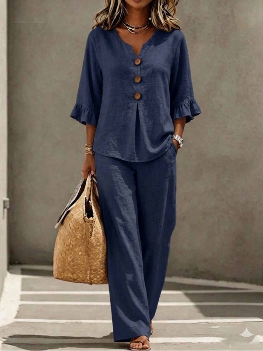 Women 2 Piece Linen Set V Neck - Linen Pant Wide 评论和价格
