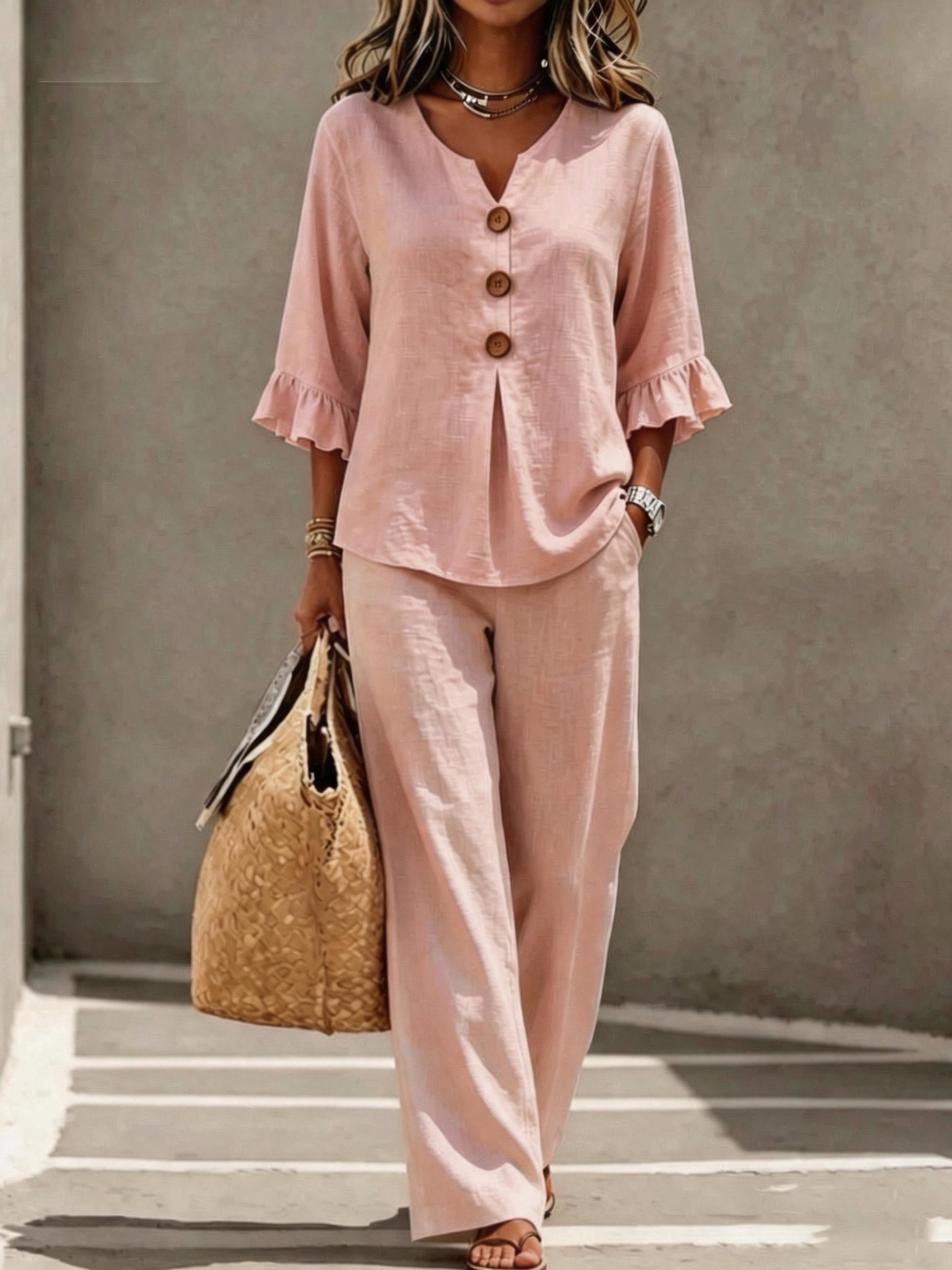 Women 2 Piece Linen Set V Neck - Linen Pant Wide 评论和价格
