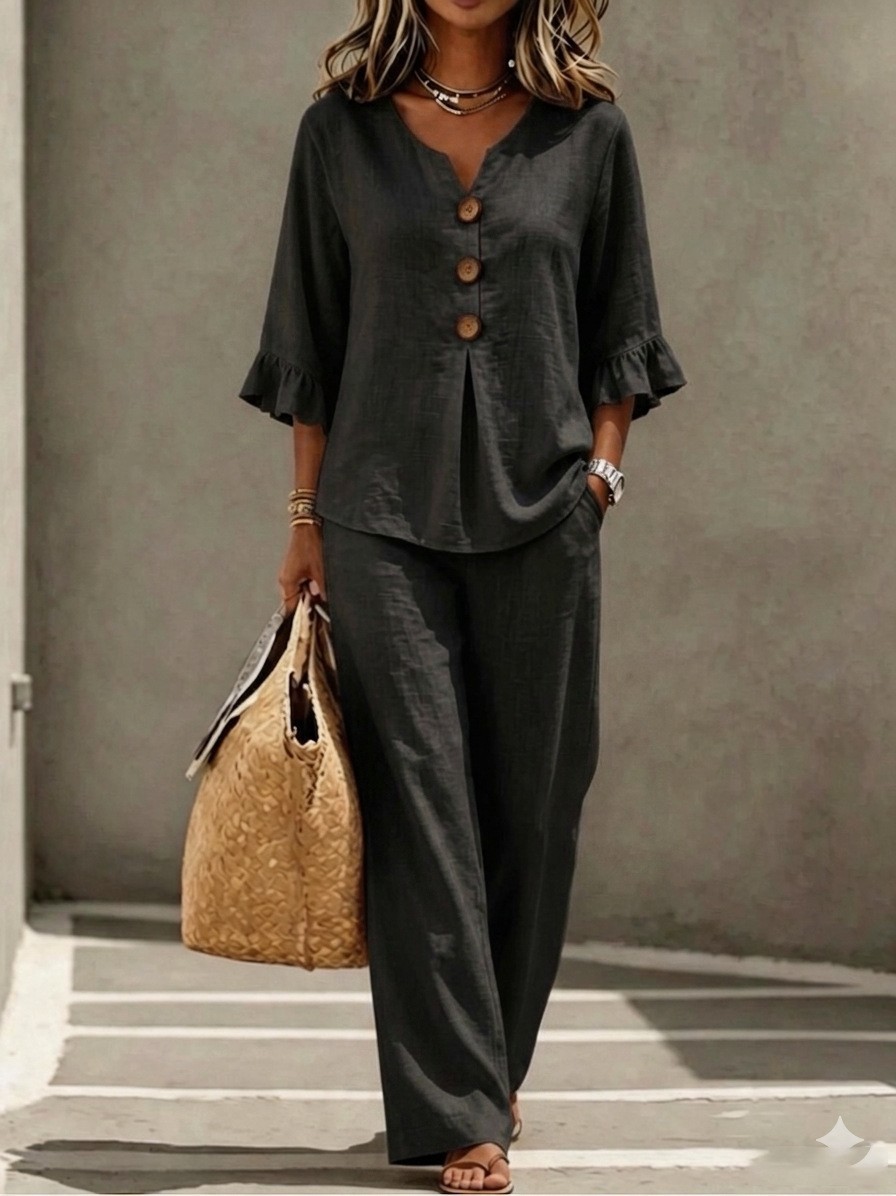 Women 2 Piece Linen Set V Neck - Linen Pant Wide 评论和价格