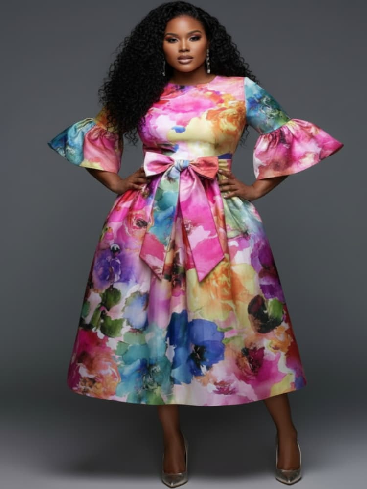 Plus Size Round Neck Flare Sle - Midi Skirt Floral 评论和价格