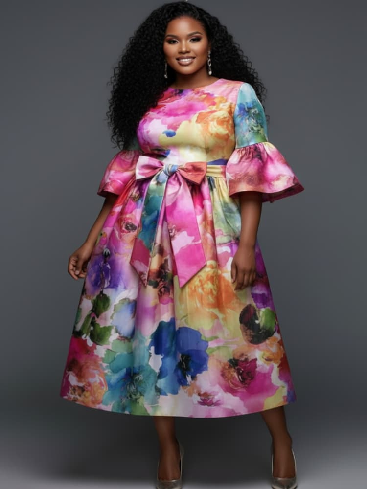 Plus Size Round Neck Flare Sle - Midi Skirt Floral 评论和价格