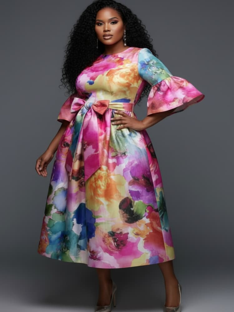 Plus Size Round Neck Flare Sle - Midi Skirt Floral 评论和价格