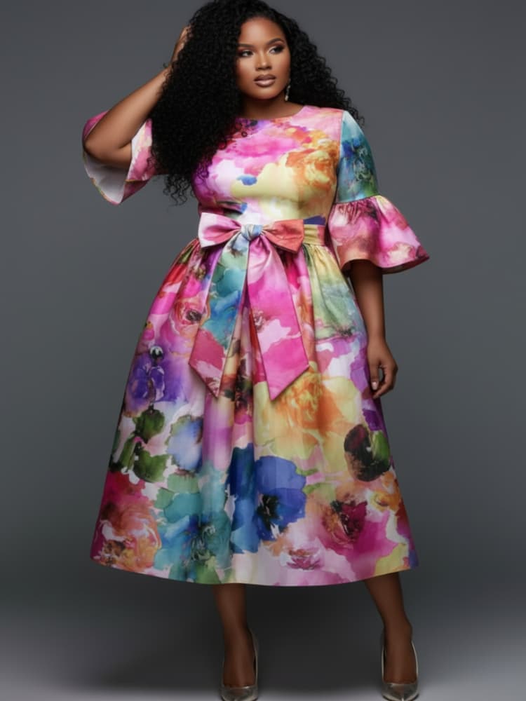 Plus Size Round Neck Flare Sle - Midi Skirt Floral 评论和价格
