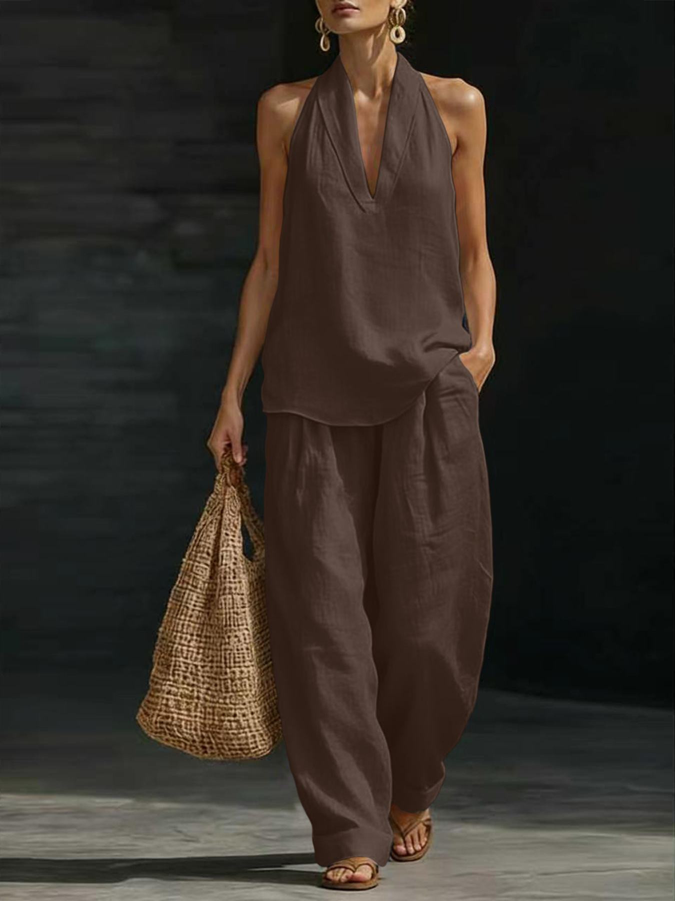 Women Linen 2 Piece Outfit Hal - Linen Pant Wide 评论和价格